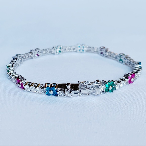 FANCY 10K White Gold Plated Pink Green Blue Flowers Crystal Tennis Bracelet - Picture 8 of 10